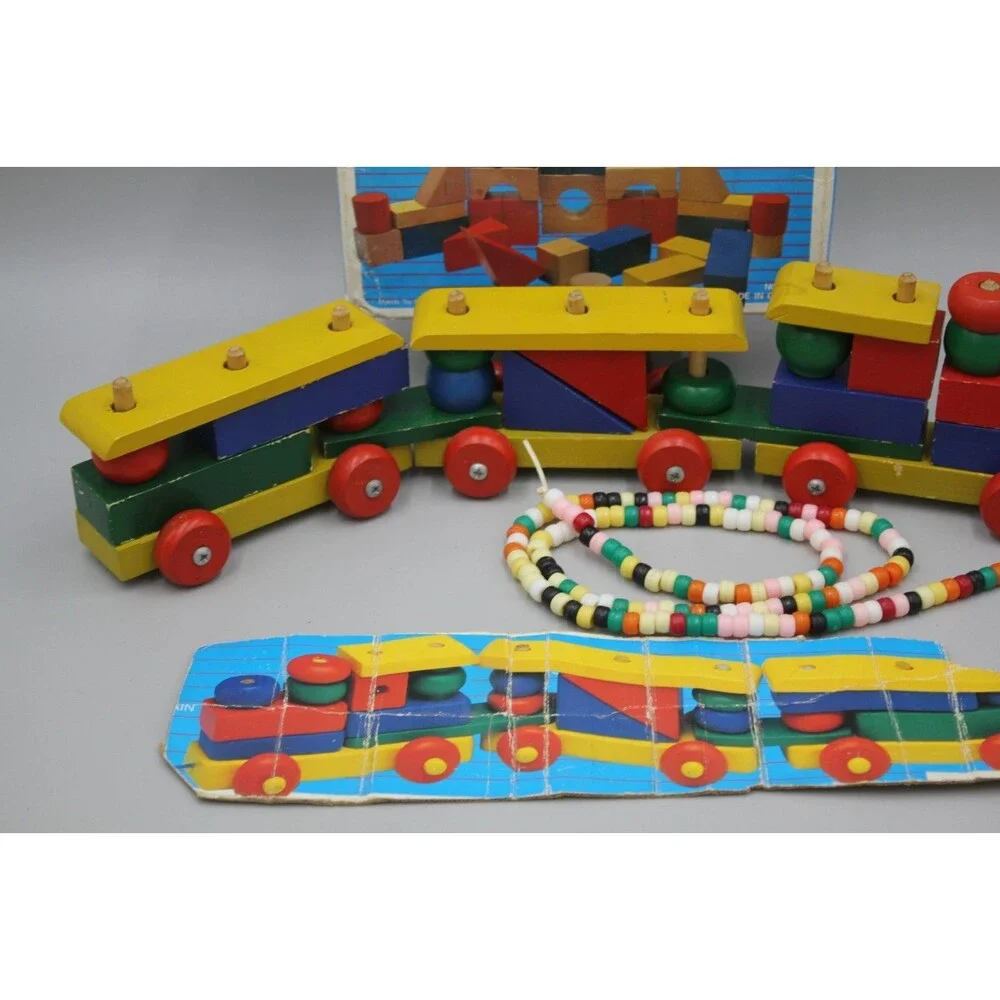 My Kids 44pc Wooden Blocks + Train Pull Vintage Set Primary Toddler Montessori